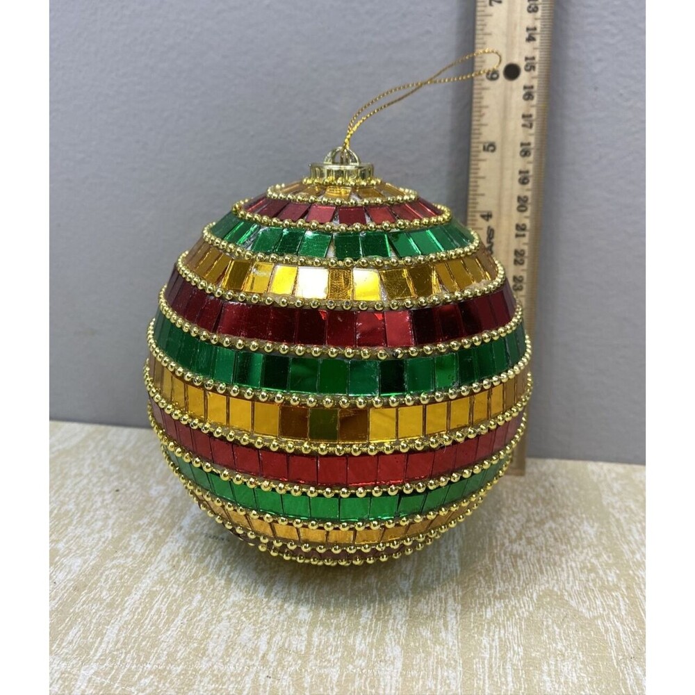 Melrose International 4.75" Round Multicolor Mirror and Beaded Glass Ornament